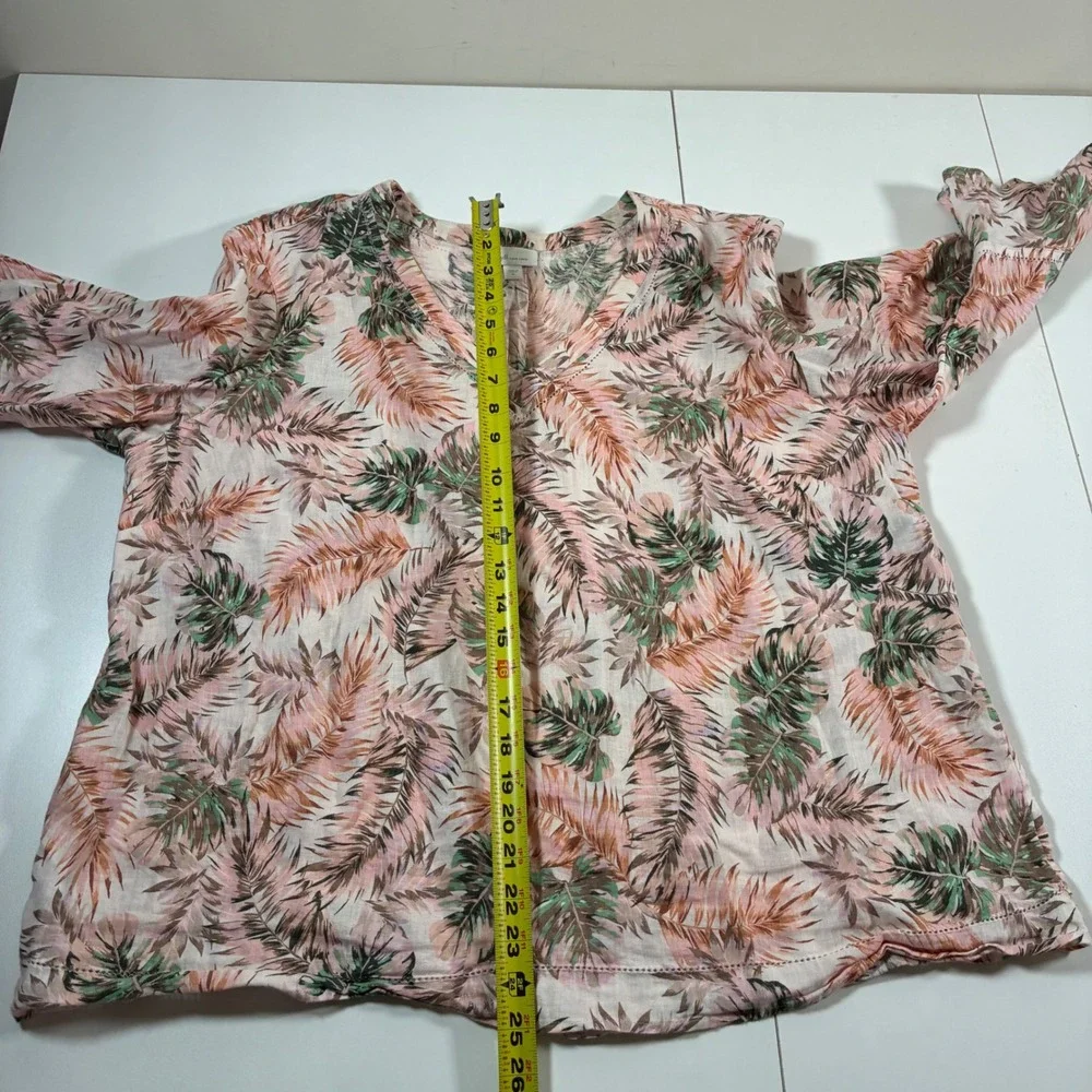 J. Jill Love Linen Blouse Women XL Pink Green Tropical Palm Leaf V-Neck - Picture 7 of 9
